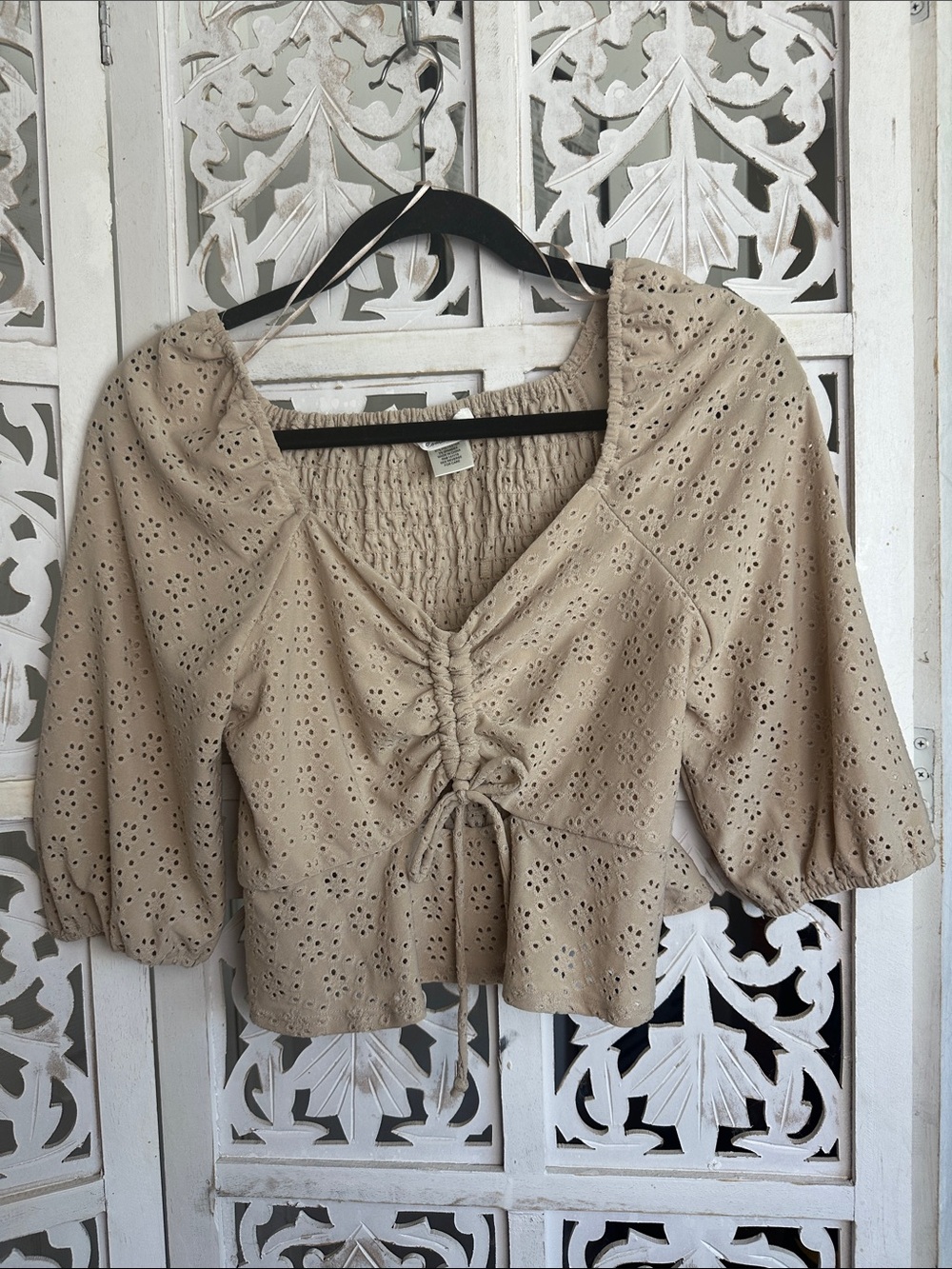 URBAN Romantics Beige Eyelet Ruched Peplum Blouse